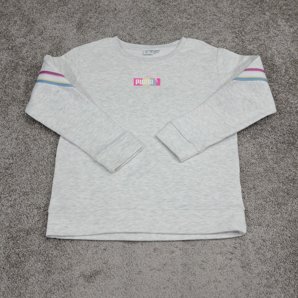 Puma Girls XL 16 Sweatshirt Heather Grey Rainbow Stripe‎ Logo Fleece Pullover